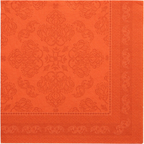 Les PAPSTAR 50 serviettes "ROYAL Collection" 1/4 pli, 40 x 40 cm en nectarine, avec un motif floral en relief et une bordure décorative - idéal pour ajouter de l'élégance à votre table dressée.