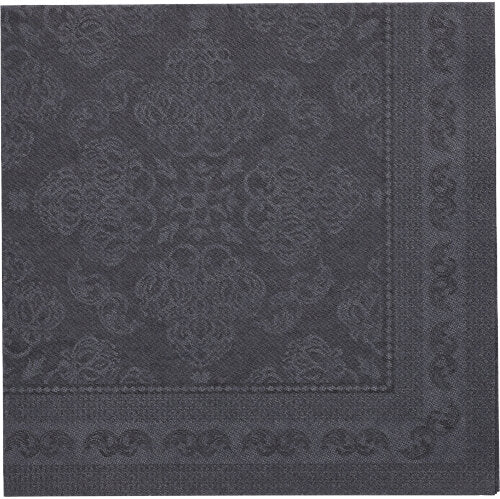 La serviette noire "ROYAL Collection" de la PAPSTAR GmbH (40 x 40 cm, 1/4-pliée) en vue de dessus montre un motif floral et géométrique embossé avec une bordure décorative sur les bords. Paquet de 50 pièces.