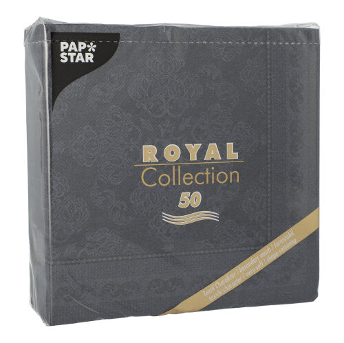 Un paquet scellé de 50 serviettes noires PAPSTAR "ROYAL Collection" (40 x 40 cm, 1/4-pliage) de la PAPSTAR GmbH, avec un motif élégant et discret et une marque dans le coin supérieur gauche.