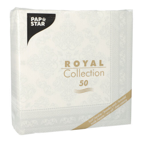 Ein weißes Paket der PAPSTAR GmbH enthält 50 1/4-Falz-Servietten "ROYAL Collection", 40 x 40 cm, mit goldenen und schwarzen Zierrändern.