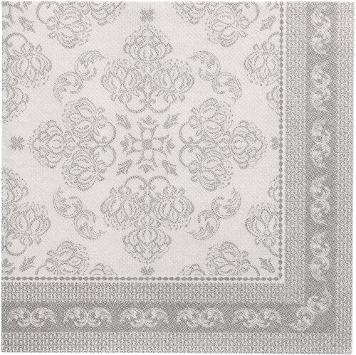 Les PAPSTAR 50 serviettes "ROYAL Collection" 1/4 pliée 40 x 40 cm gris de PAPSTAR GmbH se distinguent par un motif floral et en spirale gris-blanc orné avec une bordure décorative - idéal pour ceux qui recherchent des serviettes de haute qualité.