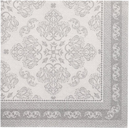 Les PAPSTAR 50 serviettes "ROYAL Collection" 1/4 pliée 40 x 40 cm gris de PAPSTAR GmbH se distinguent par un motif floral et en spirale gris-blanc orné avec une bordure décorative - idéal pour ceux qui recherchent des serviettes de haute qualité.