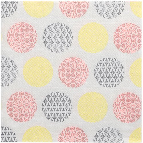 Une surface blanche avec une grille de grands cercles jaunes, roses et gris, chacun présentant un motif floral ou géométrique prononcé - un rappel des 50 serviettes "ROYAL Collection" 1/4 pli 40x40 cm jaune de la PAPSTAR GmbH.