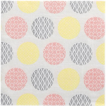Une surface blanche avec une grille de grands cercles jaunes, roses et gris, chacun présentant un motif floral ou géométrique prononcé - un rappel des 50 serviettes "ROYAL Collection" 1/4 pli 40x40 cm jaune de la PAPSTAR GmbH.