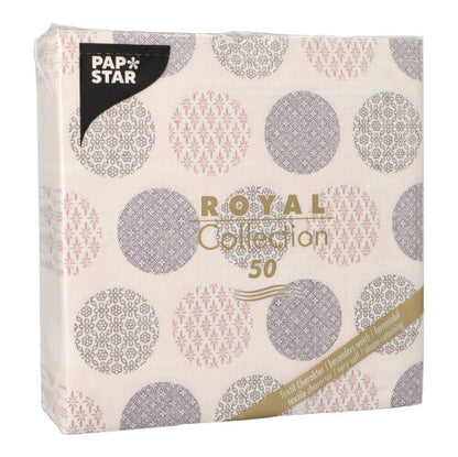 Un paquet de 50 serviettes PAPSTAR "ROYAL Collection" 1/4-pli 40 x 40 cm en rose de PAPSTAR GmbH, avec un design décoratif et des informations sur le produit à l'avant.