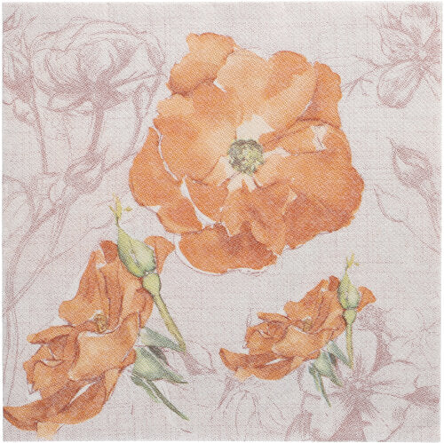 La PAPSTAR GmbH 50 serviettes "ROYAL Collection" 1/4 pli 40 x 40 cm nectarine montre un fond clair avec trois fleurs orange, des bourgeons, des tiges vertes et des contours floraux faibles.