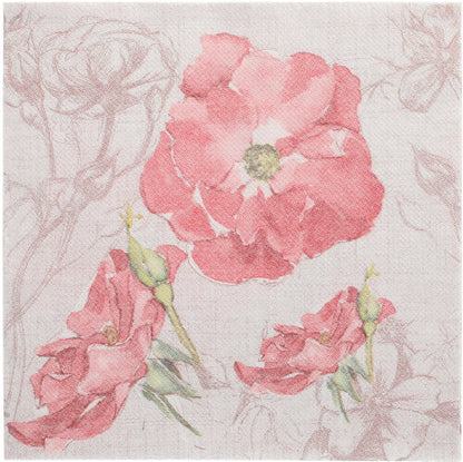 Les PAPSTAR 50 serviettes "ROYAL Collection" 1/4-pli 40 x 40 cm roses de PAPSTAR GmbH montrent des fleurs et des bourgeons roses sur fond clair avec des contours floraux subtils.