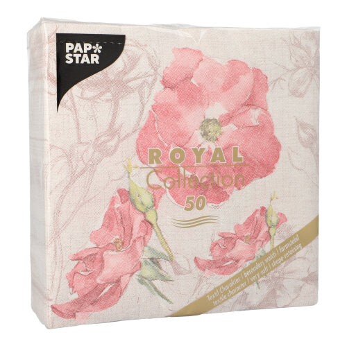 Un paquet de 50 serviettes PAPSTAR GmbH "ROYAL Collection", 1/4-pli, 40 x 40 cm, en rose. Ces serviettes présentent un design floral avec de grandes fleurs roses et du texte doré sur le devant, emballées dans un emballage plastique transparent.