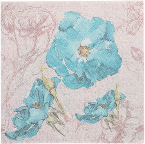 Les 50 serviettes PAPSTAR "ROYAL Collection" 1/4 pli 40 x 40 cm turquoise de PAPSTAR GmbH présentent un motif imprimé de trois fleurs bleues avec des contours beiges sur fond beige clair - idéal pour une table élégamment dressée.