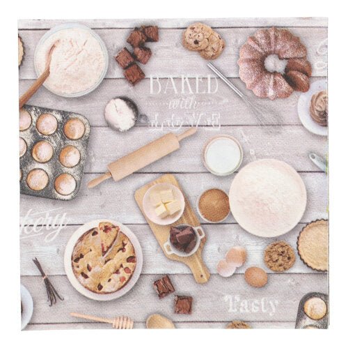 Un style à plat élégant montre des ingrédients et des outils de pâtisserie - farine, rouleau à pâtisserie, beurre, œufs, brownies, biscuits, un kouglof, une tarte - ainsi que PAPSTAR 20 serviettes 33x33 cm 3 plis 1/4 pli du Design Set 6 de PAPSTAR GmbH.