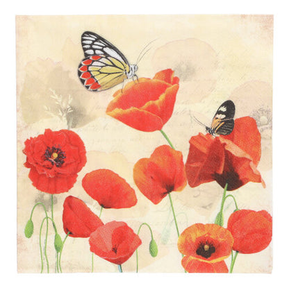 Illustration artistique de coquelicots rouges avec deux papillons sur les pétales, imprimée sur PAPSTAR 20 serviettes, 33x33 cm, 3 plis, Design Set 2 de PAPSTAR GmbH. L'arrière-plan est beige clair avec une subtile ombre et texture.