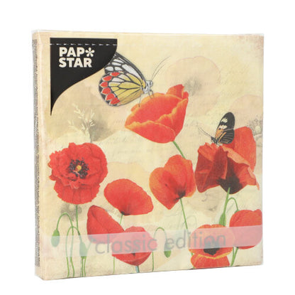 Un paquet de PAPSTAR GmbH 20 serviettes, 33x33 cm, 3 plis, 1/4 pli Design Set 2, avec un motif de coquelicot rouge et papillon sur fond clair et texturé avec l'étiquette "classic edition".