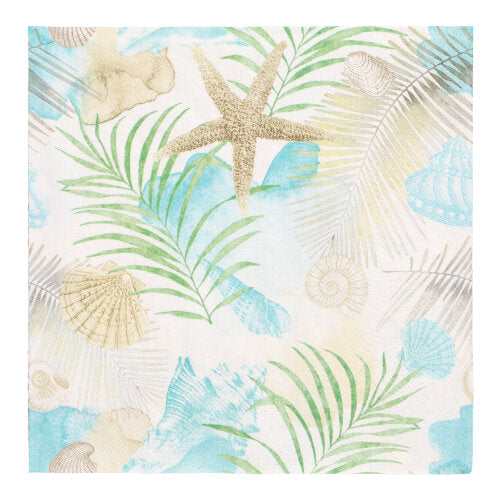 Ces PAPSTAR 20 serviettes (33 x 33 cm, 3 plis) de la PAPSTAR GmbH présentent un design à motifs avec des feuilles de palmier vertes, des coquillages beiges et bleus, une étoile de mer et des formes abstraites d'aquarelle sur fond blanc.