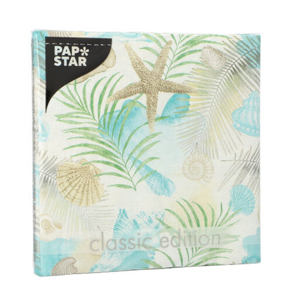 Un paquet carré de PAPSTAR GmbH 20 serviettes, 33 cm x 33 cm, 3 plis, 1/4 pli Design Set 2 serviettes avec un motif de plage classique dans des tons de vert, bleu et beige.