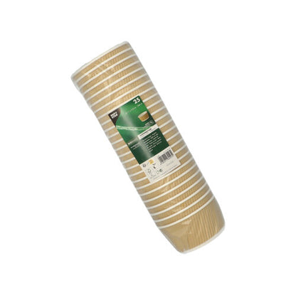 Un paquet de 25 PAPSTAR gobelets à soupe ronds, marron/blanc, 11 cm Ripple Wall gobelets jetables de la société PAPSTAR GmbH est en plastique transparent avec une étiquette verte et blanche.
