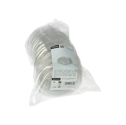 Un emballage plastique transparent R-PET de Starpak contient 25 couvercles ronds pour gobelets à soupe avec une étiquette à l'avant indiquant la quantité et les détails - un choix écologique pour un usage quotidien.