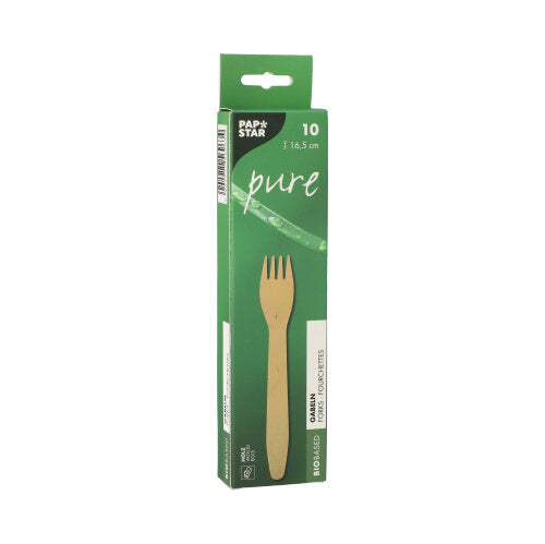 Une boîte verte « PAPSTAR » avec l'inscription « pure » contient 10 fourchettes en bois écologiques (16,5 cm) en bois durable, avec le nom du produit « PAPSTAR 10 fourchettes, bois pure » et une illustration de fourchette sur l'emballage.