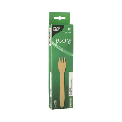 Une boîte verte « PAPSTAR » avec l'inscription « pure » contient 10 fourchettes en bois écologiques (16,5 cm) en bois durable, avec le nom du produit « PAPSTAR 10 fourchettes, bois pure » et une illustration de fourchette sur l'emballage.