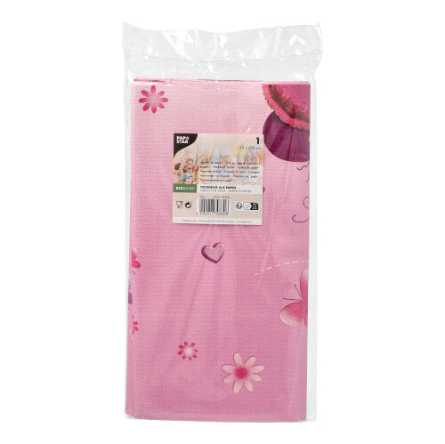 Une PAPSTAR nappe, papier (120 cm x 180 cm) de PAPSTAR GmbH en rose avec motif de fleurs et de cœurs, partiellement visible dans un emballage transparent avec étiquette frontale – parfait pour la décoration de table élégante lors de votre prochaine fête.