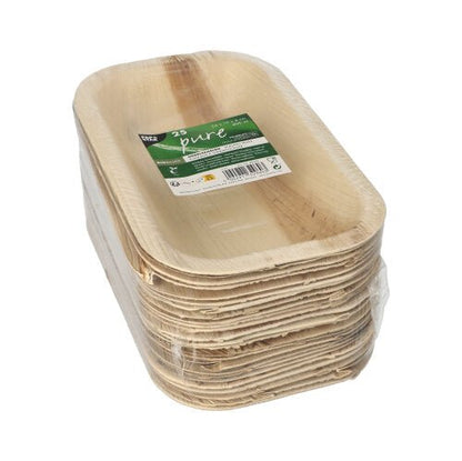 Une pile de 25 bols scellés en feuille de palmier "pure" de PAPSTAR GmbH, rectangulaires et biodégradables, emballés dans un film transparent et munis d'une étiquette de produit verte et blanche sur le dessus.