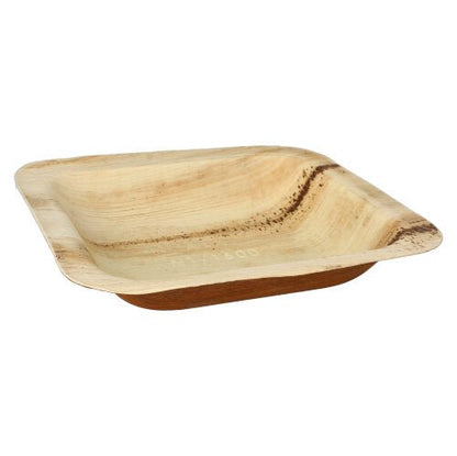 Les PAPSTAR 25 bols scellés en feuille de palmier "pure" carrés de PAPSTAR GmbH sont des assiettes jetables carrées et plates en feuille de palmier biodégradable avec un grain visible et un bord légèrement surélevé.