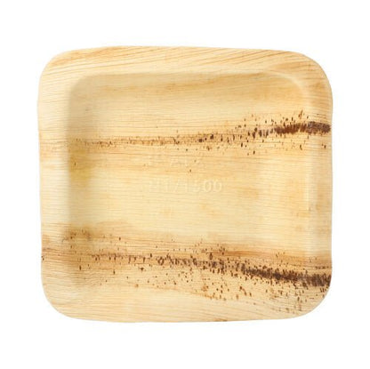 Les PAPSTAR 25 bols scellés en feuille de palmier "pure" carrés de PAPSTAR GmbH sont des assiettes plates et carrées en feuille de palmier biodégradable avec un grain naturel visible et des rayures brunes, illustrées de dessus sur fond blanc.