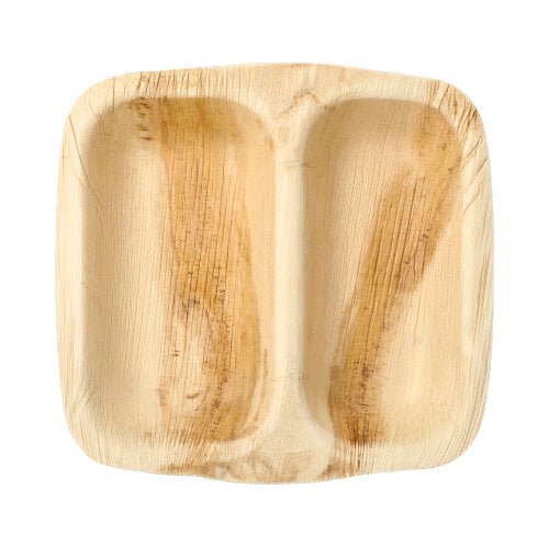 Les PAPSTAR 25 bols scellés en feuille de palmier "pure" carrés de PAPSTAR GmbH sont des assiettes carrées et claires avec deux compartiments en feuille de palmier naturelle. Elles se distinguent par un grain de bois visible et une surface lisse, et sont biodégradables pour une utilisation écologique.