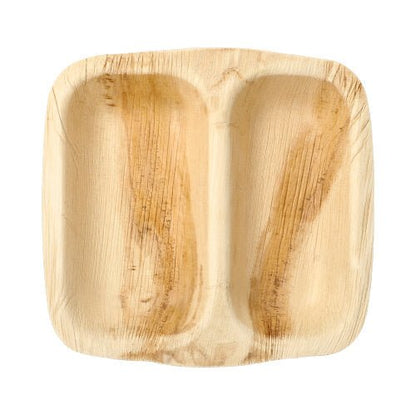 Les PAPSTAR 25 bols scellés en feuille de palmier "pure" carrés de PAPSTAR GmbH sont des assiettes carrées et claires avec deux compartiments en feuille de palmier naturelle. Elles se distinguent par un grain de bois visible et une surface lisse, et sont biodégradables pour une utilisation écologique.