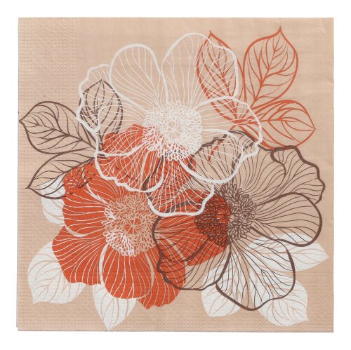 Les PAPSTAR 20 serviettes, 33 cm x 33 cm, 3 plis de PAPSTAR GmbH sont des serviettes en papier brun avec un design linéaire floral en orange, blanc et noir pour un look élégant. Partie du Design Set 6 avec des pétales et étamines linéaires détaillés.