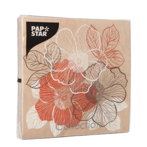 Un paquet beige de PAPSTAR 20 serviettes, 33x33 cm, 3 plis, Set 6 avec motif floral blanc, orange et brun ; la marque "PAPSTAR GmbH" est illustrée dans le coin supérieur gauche.