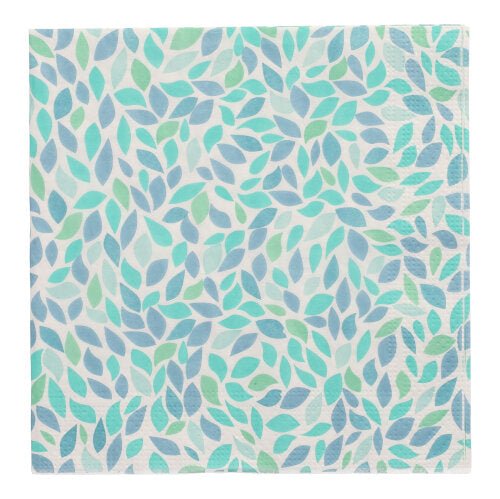 Les 20 serviettes PAPSTAR, 33 cm x 33 cm, 3 plis, de la PAPSTAR GmbH (design set 5), présentent des feuilles bleues, bleu-vert et vert clair qui se chevauchent sur fond blanc.