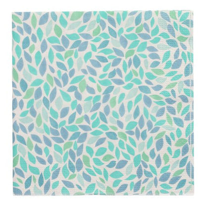Les 20 serviettes PAPSTAR, 33 cm x 33 cm, 3 plis, de la PAPSTAR GmbH (design set 5), présentent des feuilles bleues, bleu-vert et vert clair qui se chevauchent sur fond blanc.