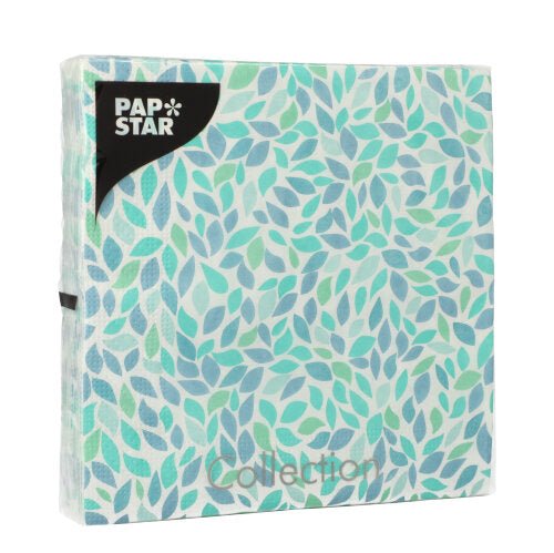 Les 20 serviettes PAPSTAR GmbH, 33x33 cm, 3 plis, set 5 sont illustrées. Le motif de feuilles bleu-vert apparaît sur l'emballage avec l'inscription "collection" en bas au centre.