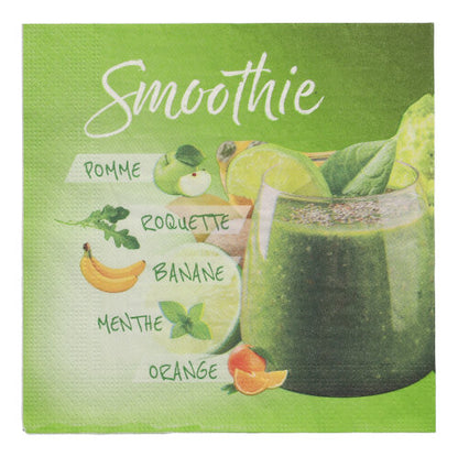 Un smoothie vert dans un verre, avec des illustrations françaises étiquetées de pomme, roquette, banane, menthe et orange sur fond vert. Présenté avec PAPSTAR GmbH 20 serviettes (33x33 cm, 3 plis) Design Set 2. En haut, il est écrit "Smoothie".