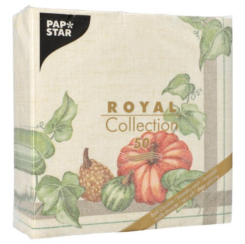 Un pack de 50 PAPSTAR serviettes "ROYAL Collection" (1/4-papillon, 40x40cm) de PAPSTAR GmbH avec un motif de citrouille beige-vert, citrouille et feuilles.