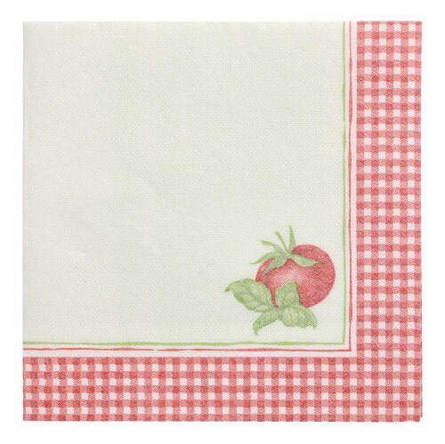 Les PAPSTAR 50 serviettes "ROYAL Collection" 1/4 plié 40 x 40 cm de la PAPSTAR GmbH sont dotées d'une bordure à carreaux rouge et blanc, d'une petite illustration de tomate et d'un centre blanc pur qui souligne le design de haute qualité.