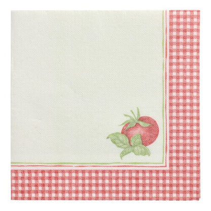 Les PAPSTAR 50 serviettes "ROYAL Collection" 1/4 plié 40 x 40 cm de la PAPSTAR GmbH sont dotées d'une bordure à carreaux rouge et blanc, d'une petite illustration de tomate et d'un centre blanc pur qui souligne le design de haute qualité.