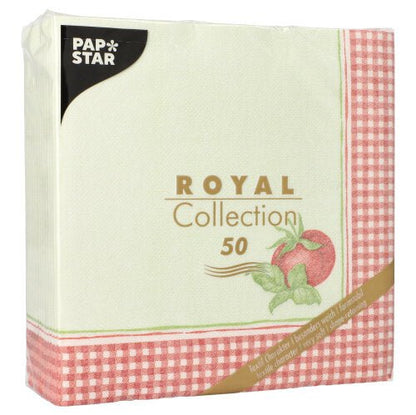 Un paquet de 50 PAPSTAR serviettes "ROYAL Collection" 1/4 plié (40 x 40 cm) avec bordure à carreaux rouge et blanc et motif de pomme de PAPSTAR GmbH.