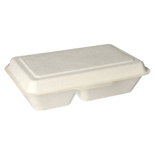 Les boîtes à menu en bagasse "pure" PAPSTAR sont des boîtes à emporter fermées, de couleur beige, rectangulaires (2 compartiments, 6,5x24x15,5 cm) en matériau biodégradable de la société PAPSTAR GmbH, illustrées sur un fond blanc simple.