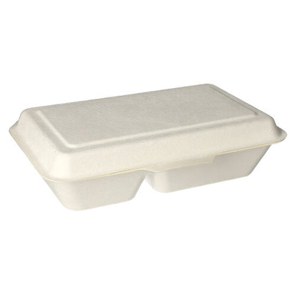 Les boîtes à menu en bagasse "pure" PAPSTAR sont des boîtes à emporter fermées, de couleur beige, rectangulaires (2 compartiments, 6,5x24x15,5 cm) en matériau biodégradable de la société PAPSTAR GmbH, illustrées sur un fond blanc simple.