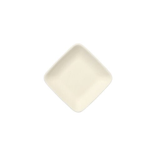 Un PAPSTAR 50 assiettes à amuse-bouches en canne à sucre « pure » blanche de PAPSTAR Le logo de la GmbH est carré, de couleur blanc cassé, et est représenté sur fond blanc, les coins orientés vers le haut, le bas, la gauche et la droite.