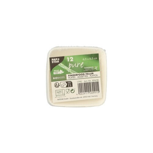 Un paquet carré de 12 PAPSTAR plateaux de fingerfood carrés, 6,5 cm, blancs, en canne à sucre "pur", de PAPSTAR GmbH, sous film rétractable ; identifié comme vaisselle jetable durable et biodégradable.