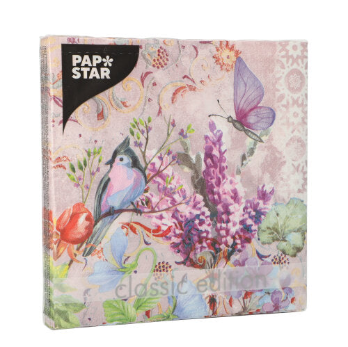 Eine Packung PAPSTAR GmbH 20 Servietten, 33x33 cm, 3-lagig, mit bunten Blumen- und Vogelmotiven sowie einem lila Schmetterling auf gemustertem Hintergrund (Design Set 3).