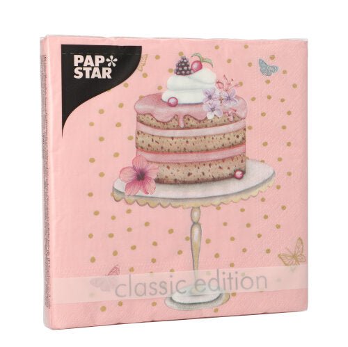 Un paquet de PAPSTAR GmbH 20 serviettes, 33x33 cm, 3 plis, avec un motif de gâteau, baies, fleurs, points dorés et papillons ; "classic edition" et "PAP STAR" sont imprimés sur l'emballage.