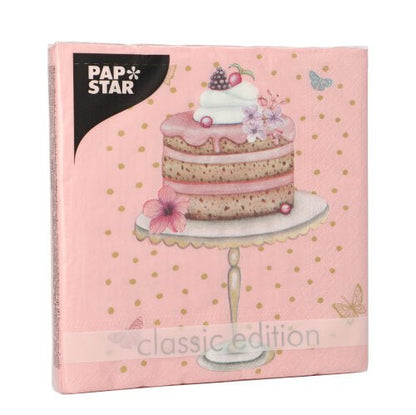 Un paquet de PAPSTAR GmbH 20 serviettes, 33x33 cm, 3 plis, avec un motif de gâteau, baies, fleurs, points dorés et papillons ; "classic edition" et "PAP STAR" sont imprimés sur l'emballage.