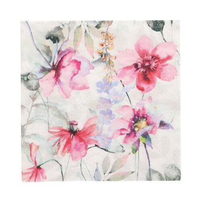 Les PAPSTAR 20 serviettes, 33x33 cm, 3 plis de PAPSTAR GmbH montrent un design floral aquarelle avec des fleurs roses et violettes et des feuilles vertes sur fond blanc.
