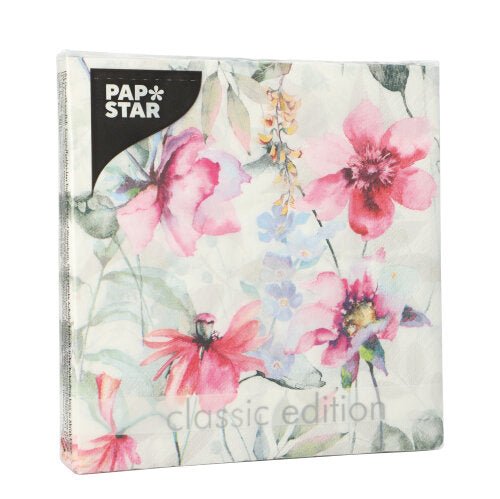 Les 20 serviettes, Design Set 1, de PAPSTAR GmbH sont des serviettes 3 plis (33 cm x 33 cm, pliées en quart) avec une impression florale aquarelle en rose, rouge et violet sur blanc.