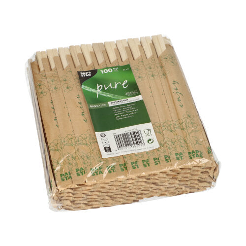 Un pack de 100 PAPSTAR baguettes en bois "pure", chacune de 21 cm et emballée individuellement dans du film, de PAPSTAR GmbH montre des symboles écologiques sur un emballage vert et blanc.