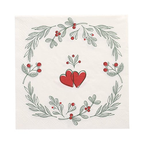 PAPSTAR GmbH 20 serviettes, 33x33 cm, 3 plis, Set 6 : serviettes blanches festives avec deux cœurs rouges au centre, entourées de feuilles vertes et de baies rouges - idéales pour des occasions spéciales.