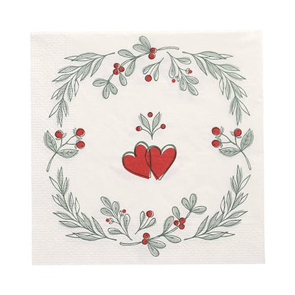 PAPSTAR GmbH 20 serviettes, 33x33 cm, 3 plis, Set 6 : serviettes blanches festives avec deux cœurs rouges au centre, entourées de feuilles vertes et de baies rouges - idéales pour des occasions spéciales.